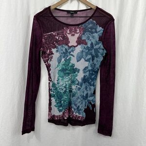 Express Vintage Y2K Purple Pink Floral Mesh Long Sleeve Top Womens Size M Art